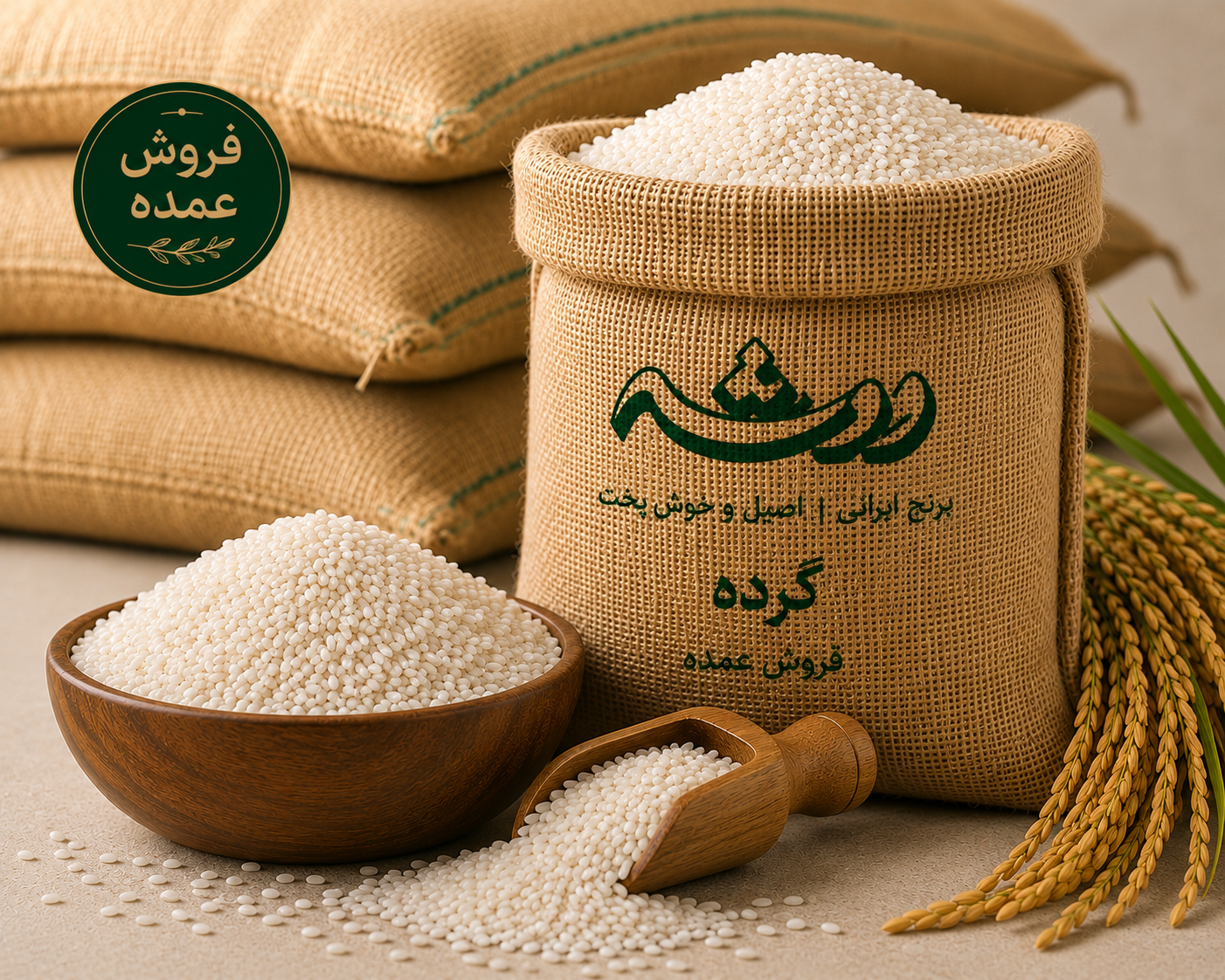 برنج گرده عمده ووشه | فروش عمده و صادراتی برنج گرده عمده ووشه مناسب صادرات و فروش عمده با دانههای یکدست و درصد شکستگی پایین