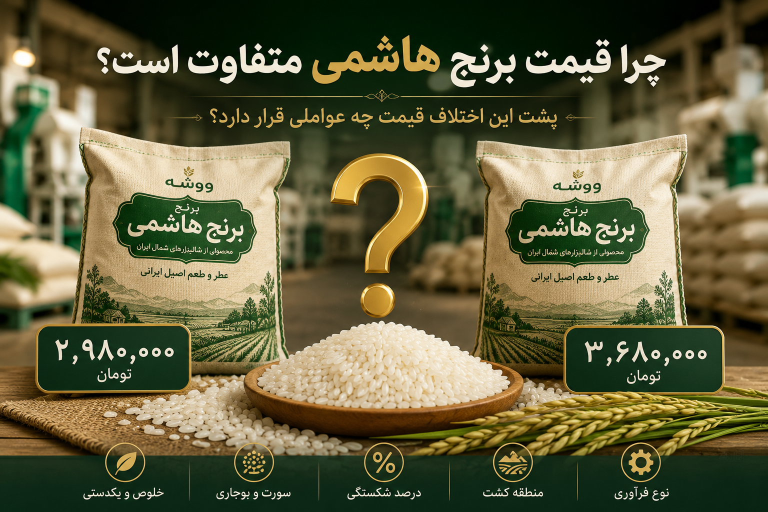 دو کیسه برنج هاشمی با قیمت‌های متفاوت برای نمایش دلایل اختلاف قیمت برنج هاشمی در بازار
