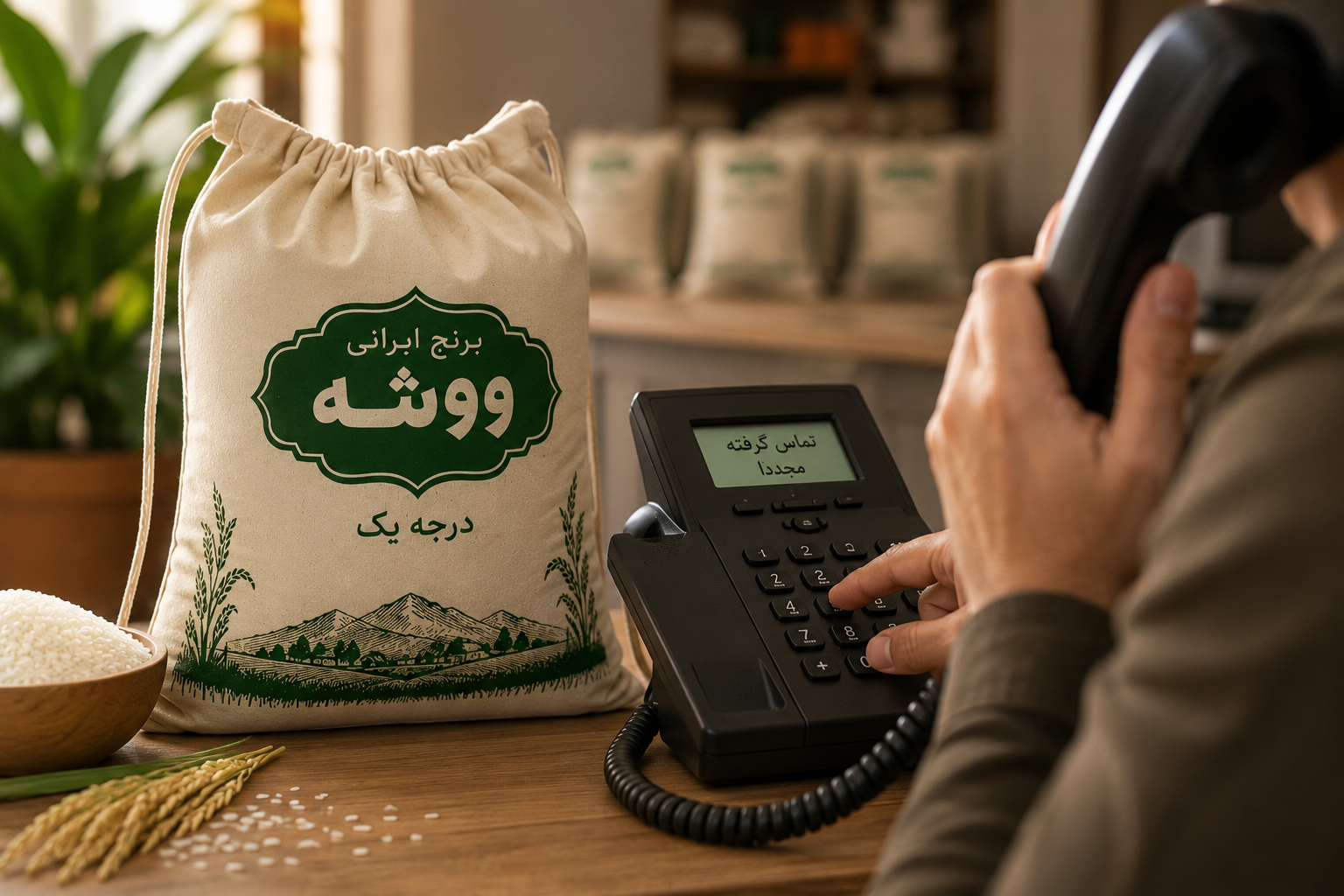 تلفن روی میز در کنار کیسه برنج ایرانی ووشه که نشان‌دهنده تماس دوباره مشتری و خرید مجدد به دلیل رضایت از کیفیت محصول است.