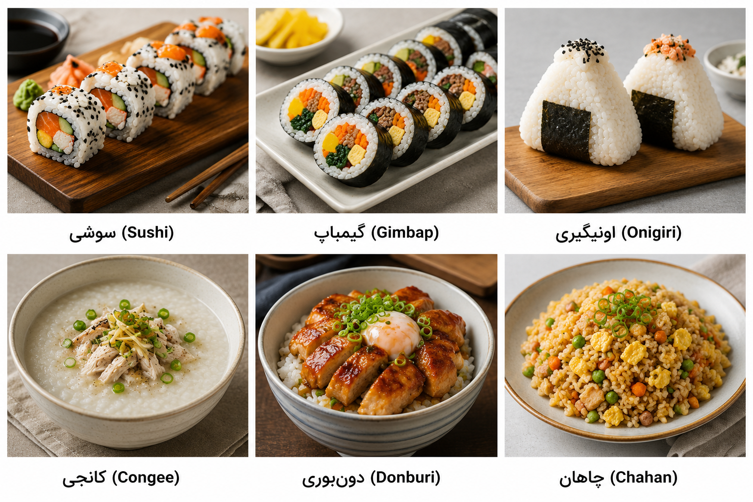 نمونه غذاهای آسیایی مانند سوشی، گیمباپ، اونیگیری، کانجی، دون‌بوری و چاهان که با برنج ژاپنی یا برنج گرده تهیه می‌شوند.