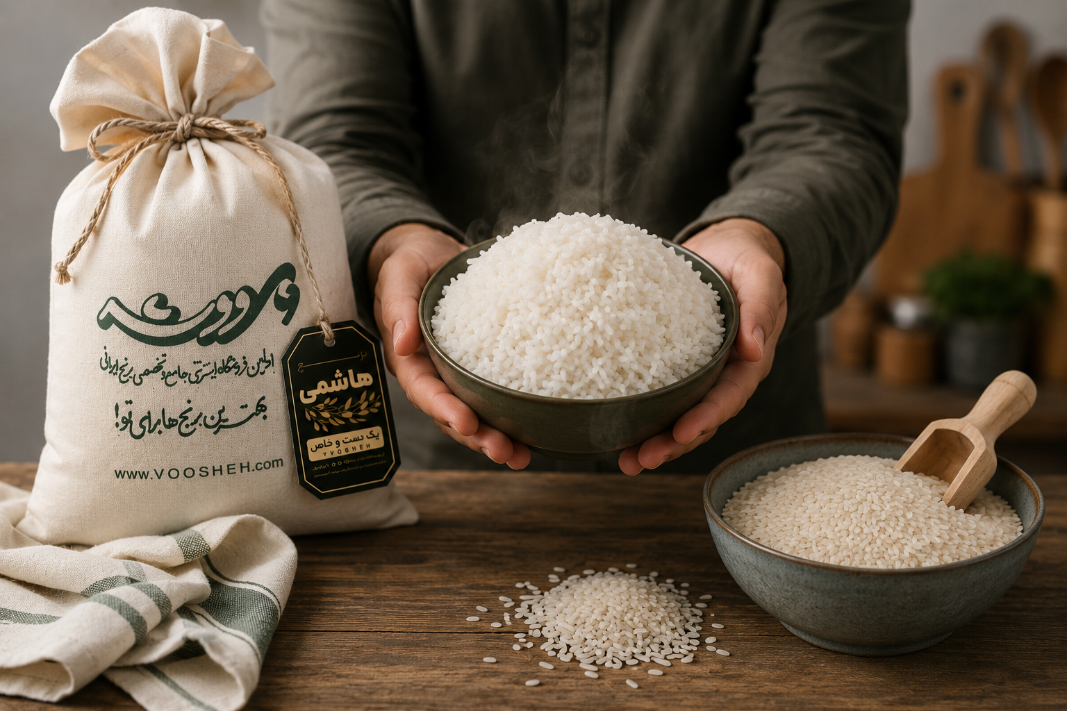 نمونه برنج هاشمی ووشه در کنار برنج پخته برای بررسی کیفیت، عطر، طعم و نتیجه پخت قبل از خرید عمده.
