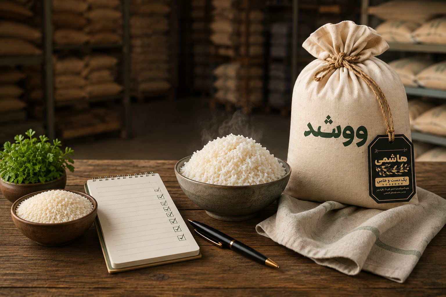 کیسه برنج هاشمی ووشه در کنار برنج خام، برنج پخته و چک‌لیست بررسی کیفیت برای ارزیابی نمونه قبل از خرید عمده.