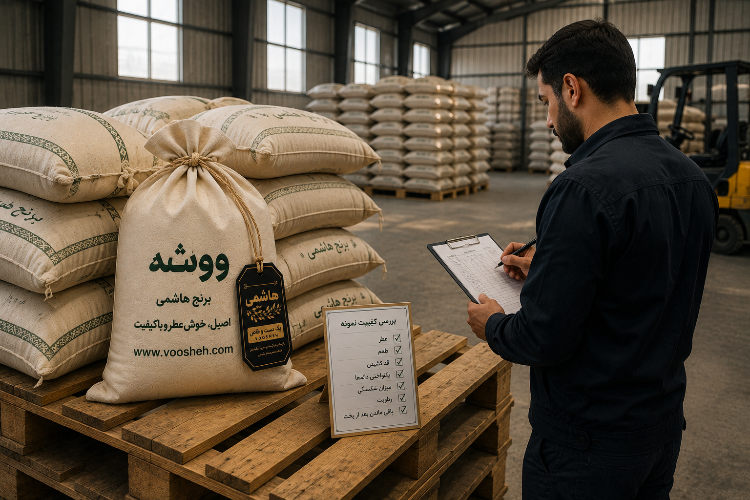 دست دادن خریدار و فروشنده در کنار کیسه برنج هاشمی ووشه، نماد اعتماد و همکاری در خرید عمده برنج ایرانی.