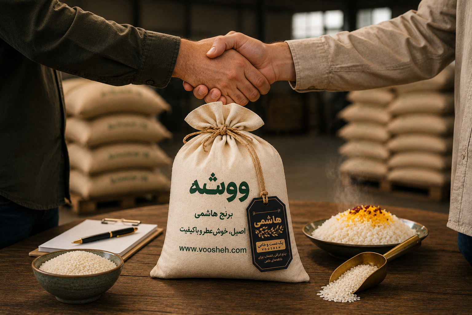 دست دادن خریدار و فروشنده در کنار کیسه برنج هاشمی ووشه، نماد اعتماد، همکاری و خرید عمده مستقیم از تولیدکننده.